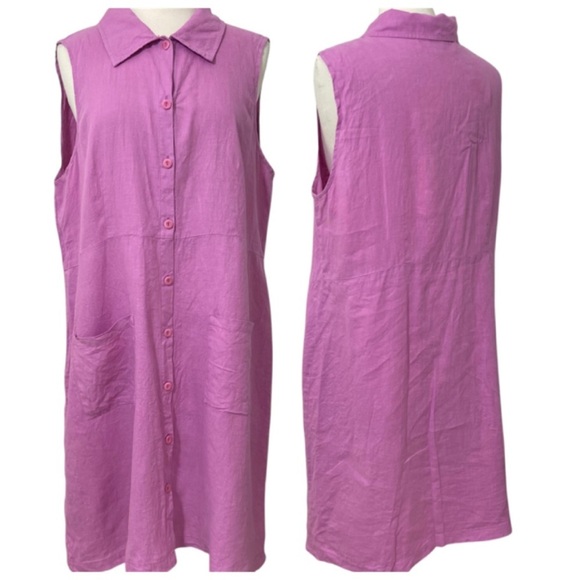 FLAX 100% Linen Raspberry Button Front Shirt Dress w Collar Flowy Relaxed Fit - Picture 2 of 11